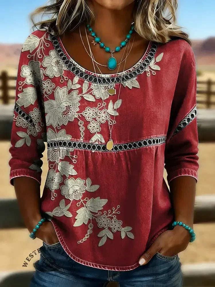 Women's Floral Print Casual Hollow Denim Shirt