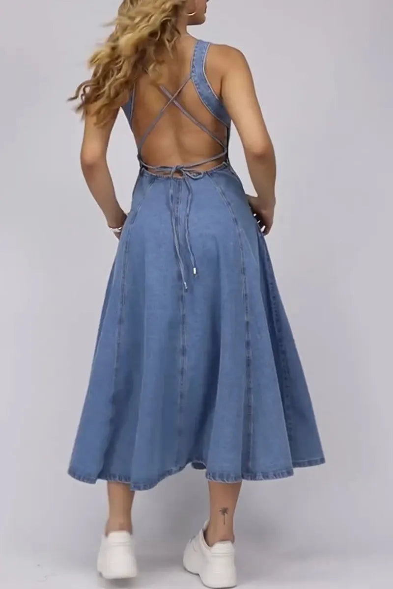 Women's Casual Zipper Slit Hem Open Back Cami Denim Dress