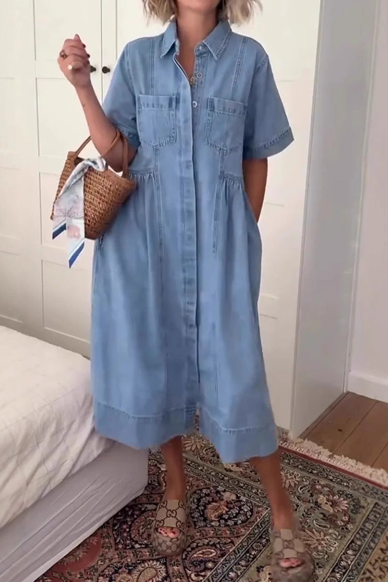 Women's Casual Turned Collar Denim Midi Dresses