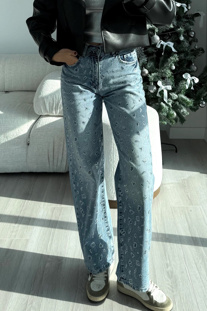 Ladies' Hot Selling Casual Rhinestone Denim Straight Leg Pants In Spring And Summer