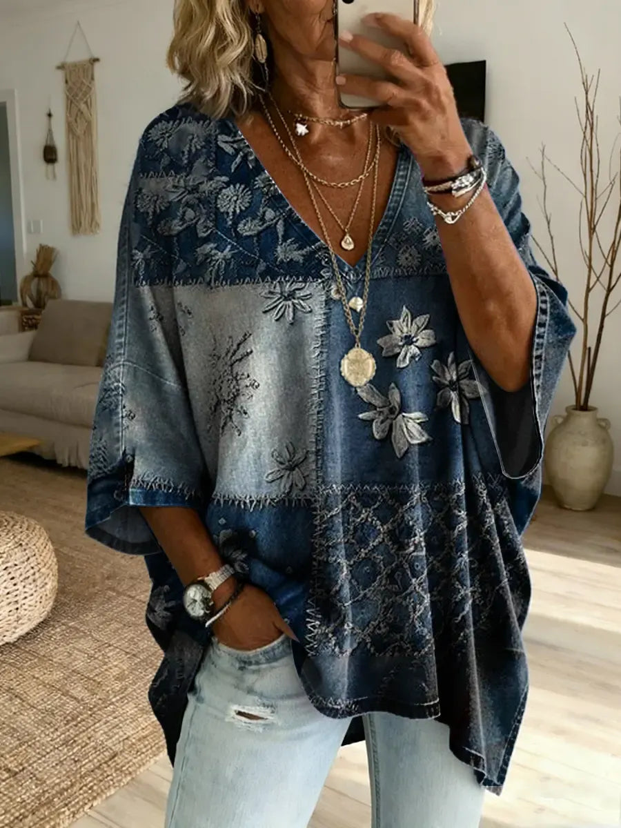 Women's Vintage Ethnic Floral Print Casual Washed Cotton Denim Shirt