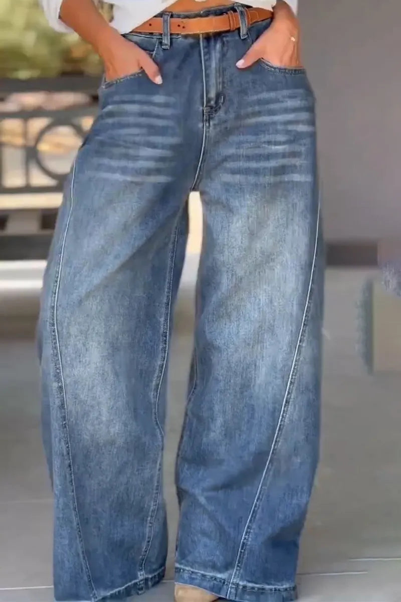 Women Scratch Washed Water Spliced Casual Wide Leg Jeans