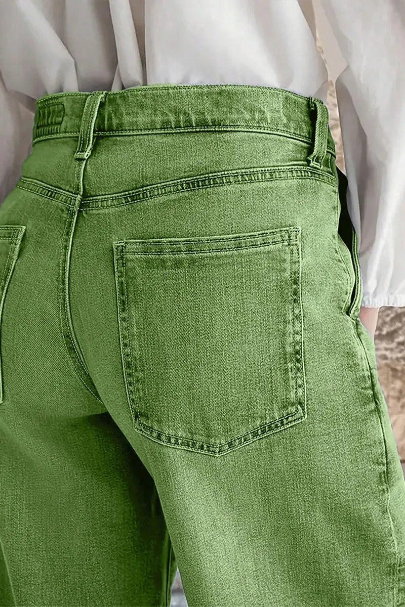 Women Solid Green Washed Wide Leg Denim Trousers High Rise Side Rivet Pocket Casual Baggy Jeans