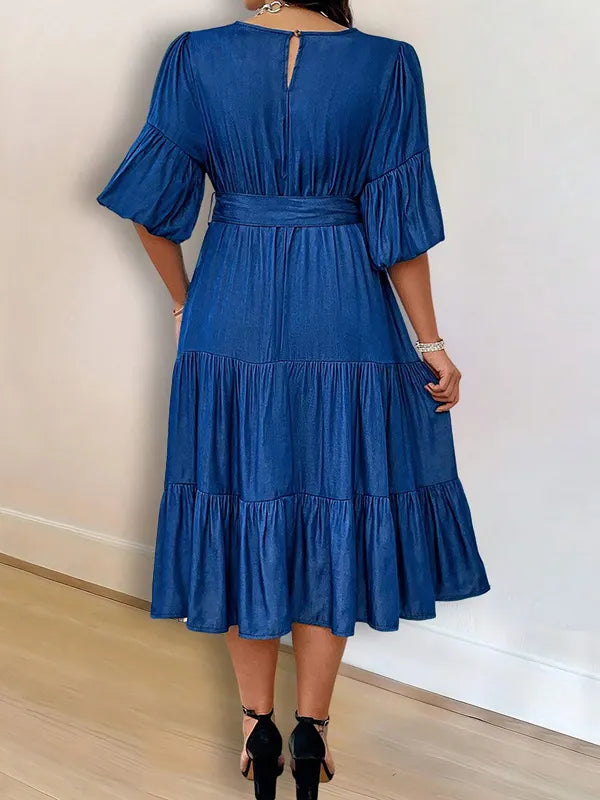 Elegant Puff Sleeve Belted Ruffle Hem Denim Midi Dress