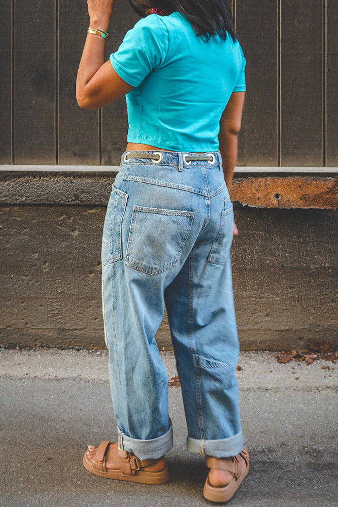 Women's Casual Patchwork Belted Wide Leg Jeans