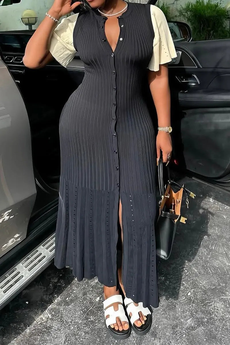Women's Color Block Short Sleeve Ribbed Knit Button Front Slit Midi Dress
