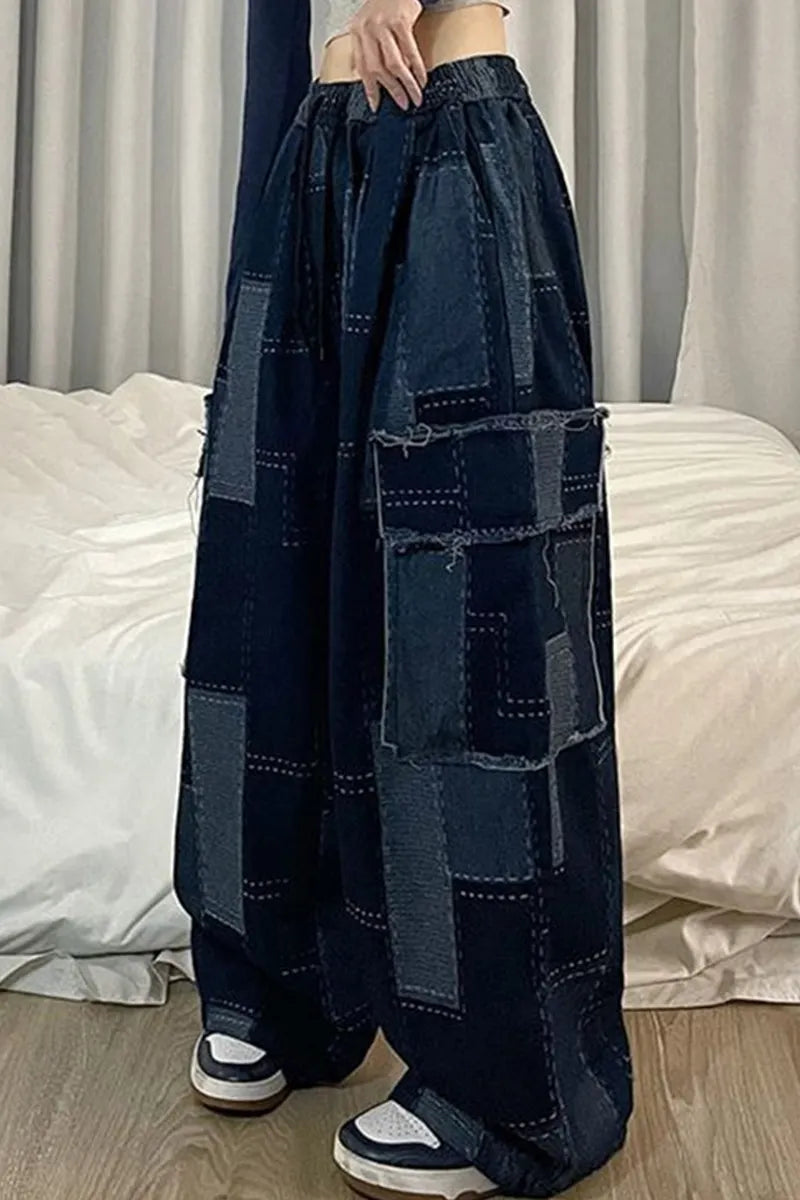 Women's Patchwork Wide Leg Jeans With Large Pockets