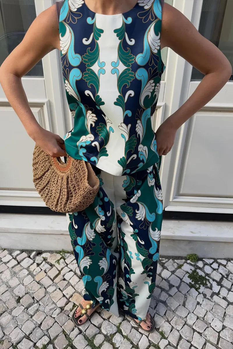 Women's Vintage Floral Print Sleeveless Crop Top & Wide Leg Pants