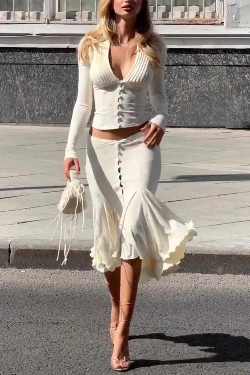 Women's Low Neck Breasted Top+ Half Skirt Elegant Temperament Set