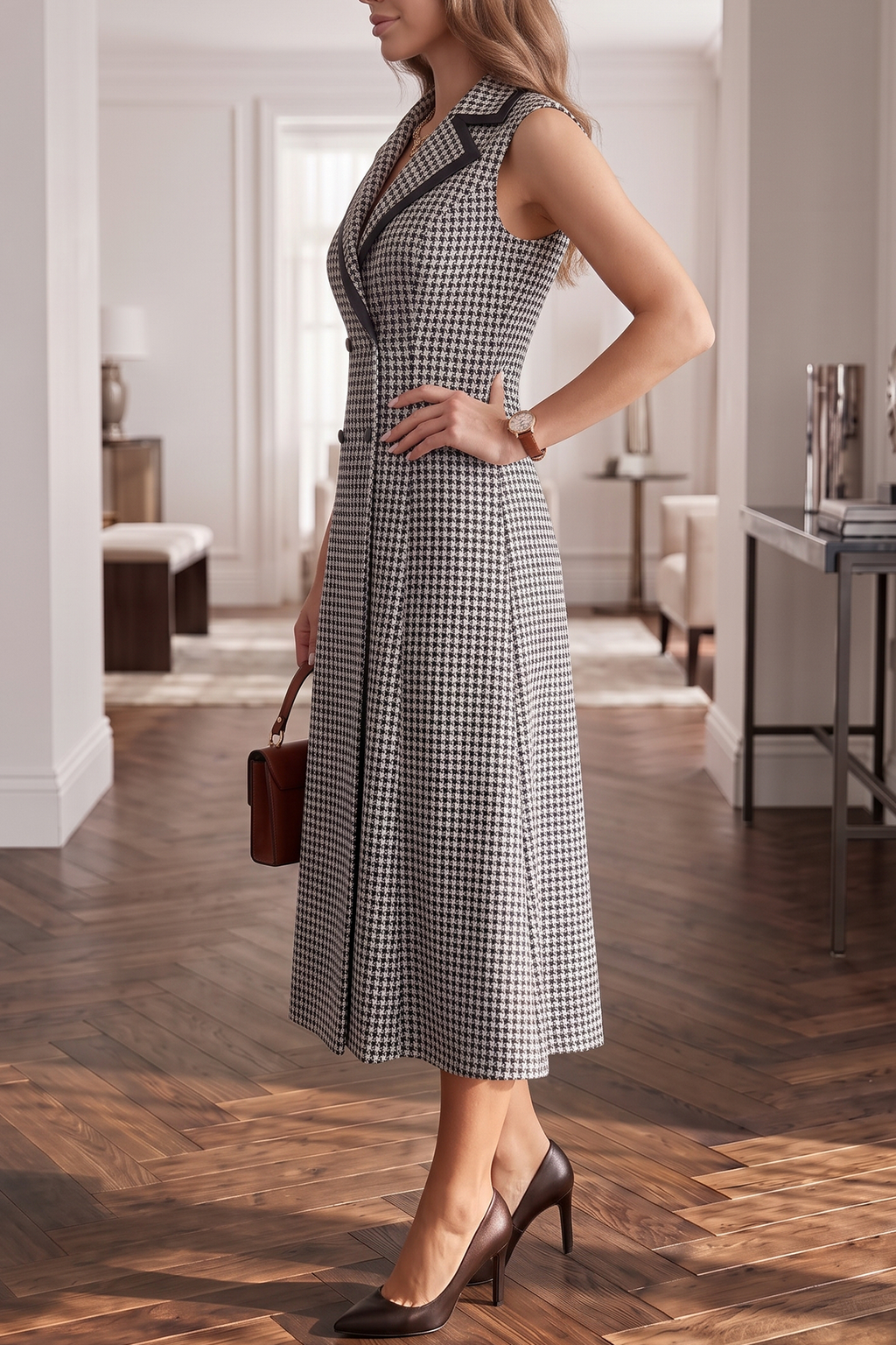 Women's Houndstooth Sleeveless Blazer Dress Double Breasted Notch Lapel Belted Look Vintage Elegant Work Office Swing Midi Dress
