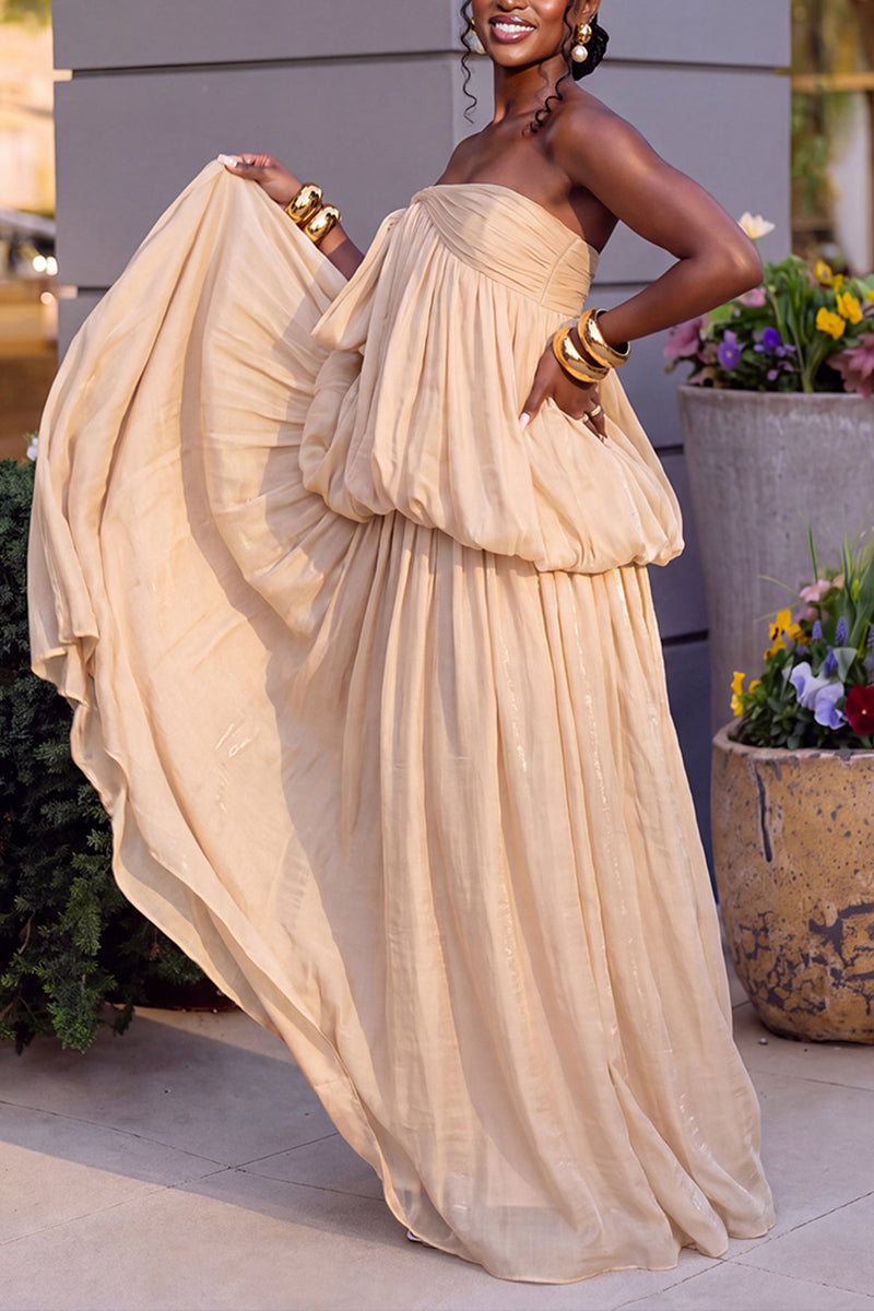 Women's Casual Pleated Asymmetric Strapless Maxi Dress