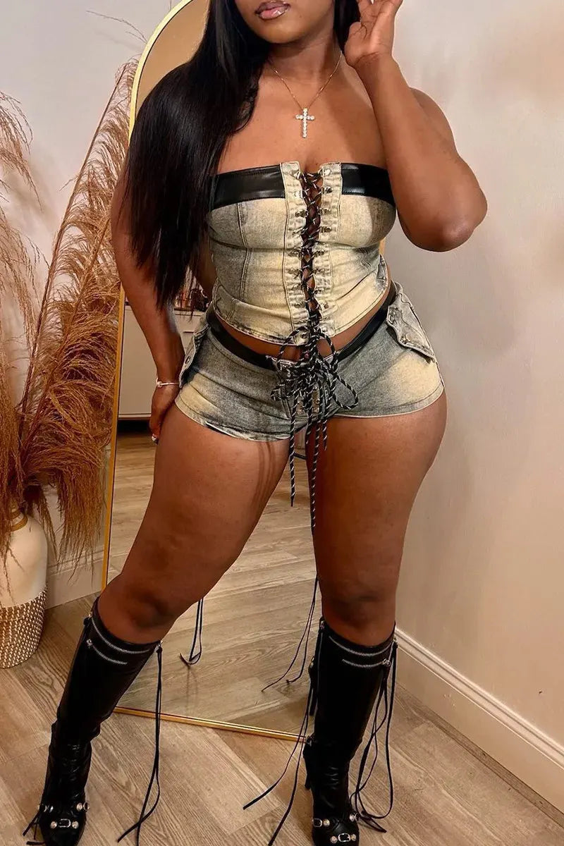 Women Acid Washed Denim PU Contrast Trim Strapless Crisscross Lace Up Corset Top Or Acid Washed Denim PU Trim High Waist Side Cargo Pocket Slim Denim Shorts