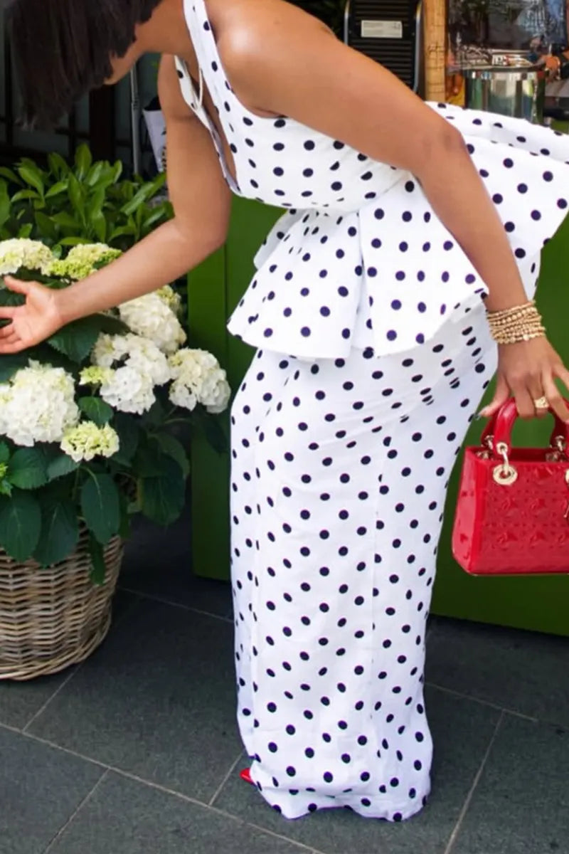 Women's Fashion Polka Dot Halter Ruffle Hem Vest Wide Leg Pants Two-Piece Set