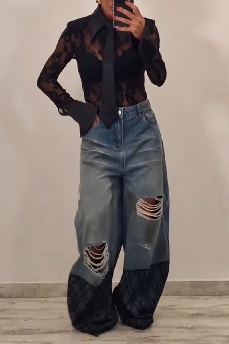 Women's Fashion Satin Patchwork Lace Bodysuit or Wide Leg Jeans