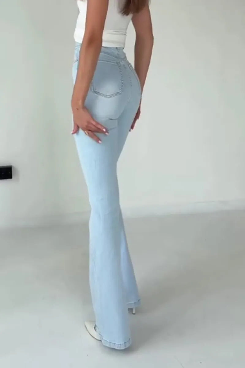 Women Slim Fit Front Stitch Detail Light Blue Bootcut Denim Pants