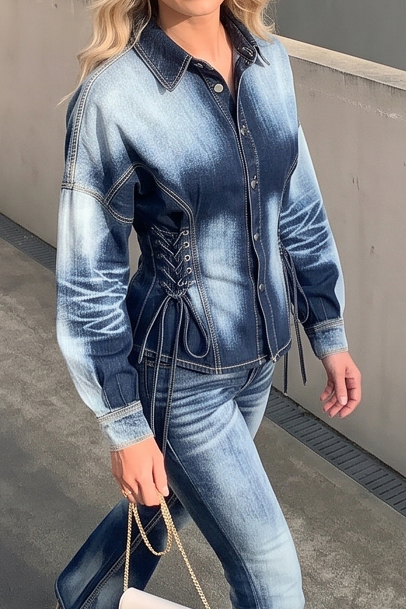 Women's Vintage Bleached Denim Matching Set Slimming Cinched Waist Button-Down Coat and Bootcut Pants