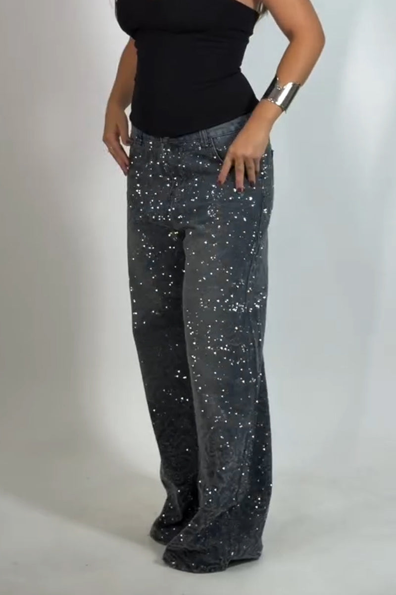 Women's Pattern Hot Pressed Diamond Casual Wide Leg Jeans