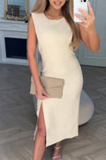 Women's Round Neck Solid Color Side Slit Elegant Casual Dress