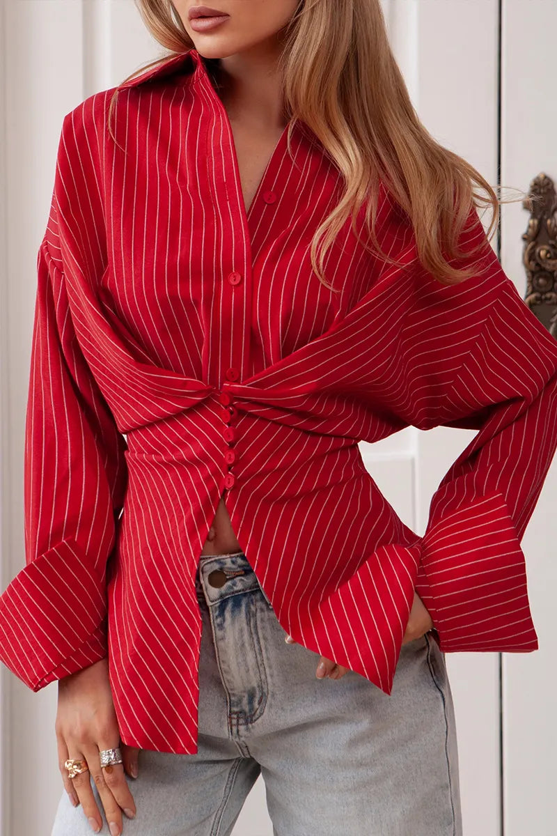 Women's Fashion Stripe Button Trim Shirts