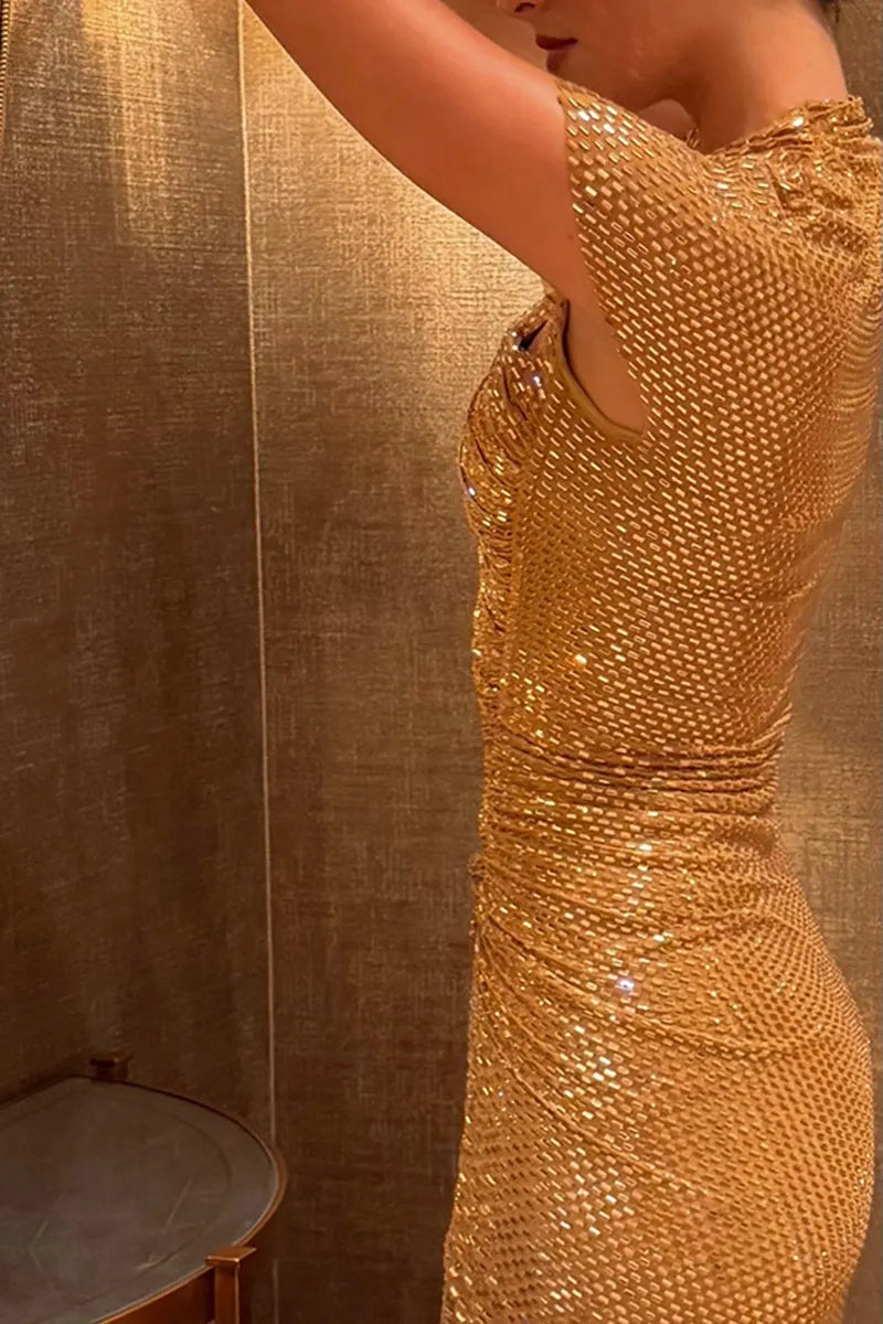 Women's Elegant Party Rhinestone Sequin Asymmetric Neckline Maxi Dress