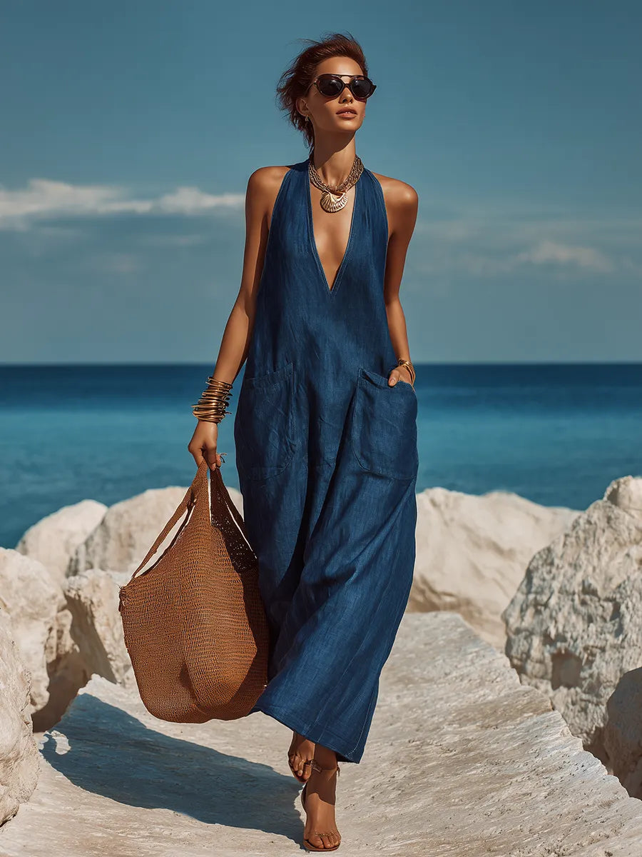 Minimalist Vacation V-neck Sleeveless Tencel Denim Maxi Dress