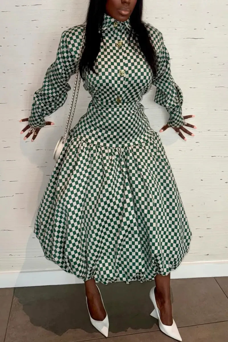 Women Collar and Waist Cinched Plaid Elegant Temperament Dress