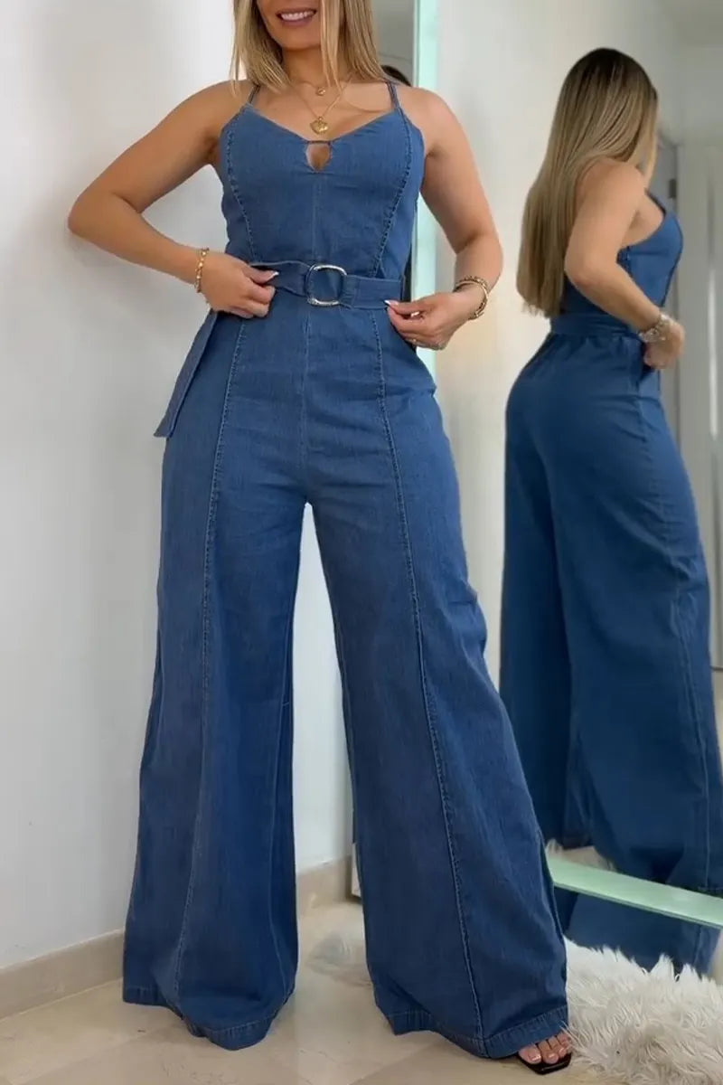 Women's Casual Cami Denim Jumpsuit with Belt