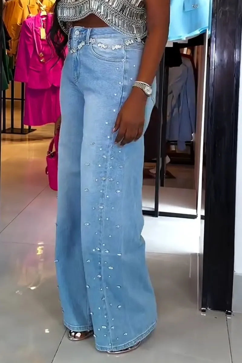 Women Rhinestone Washed Casual Wide Leg Jeans