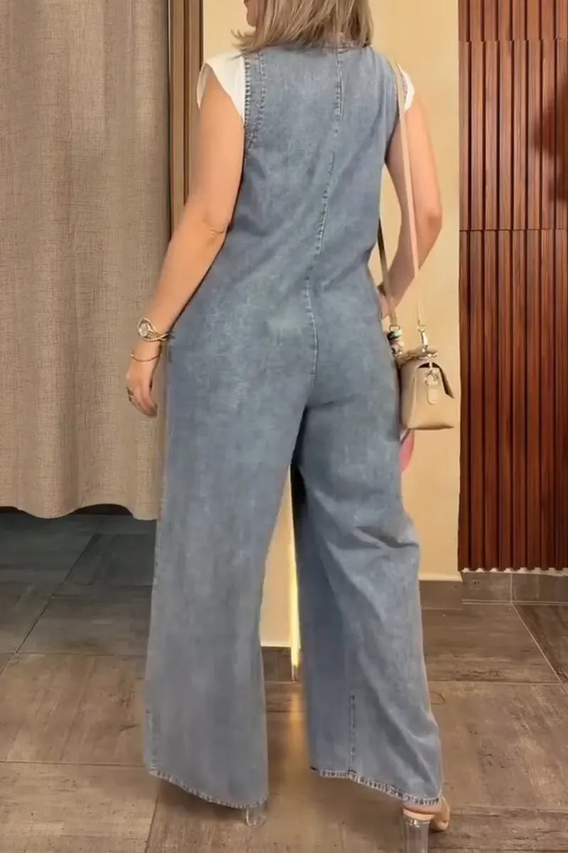 Women's V-neck Wash Water Casual Denim Jumpsuit