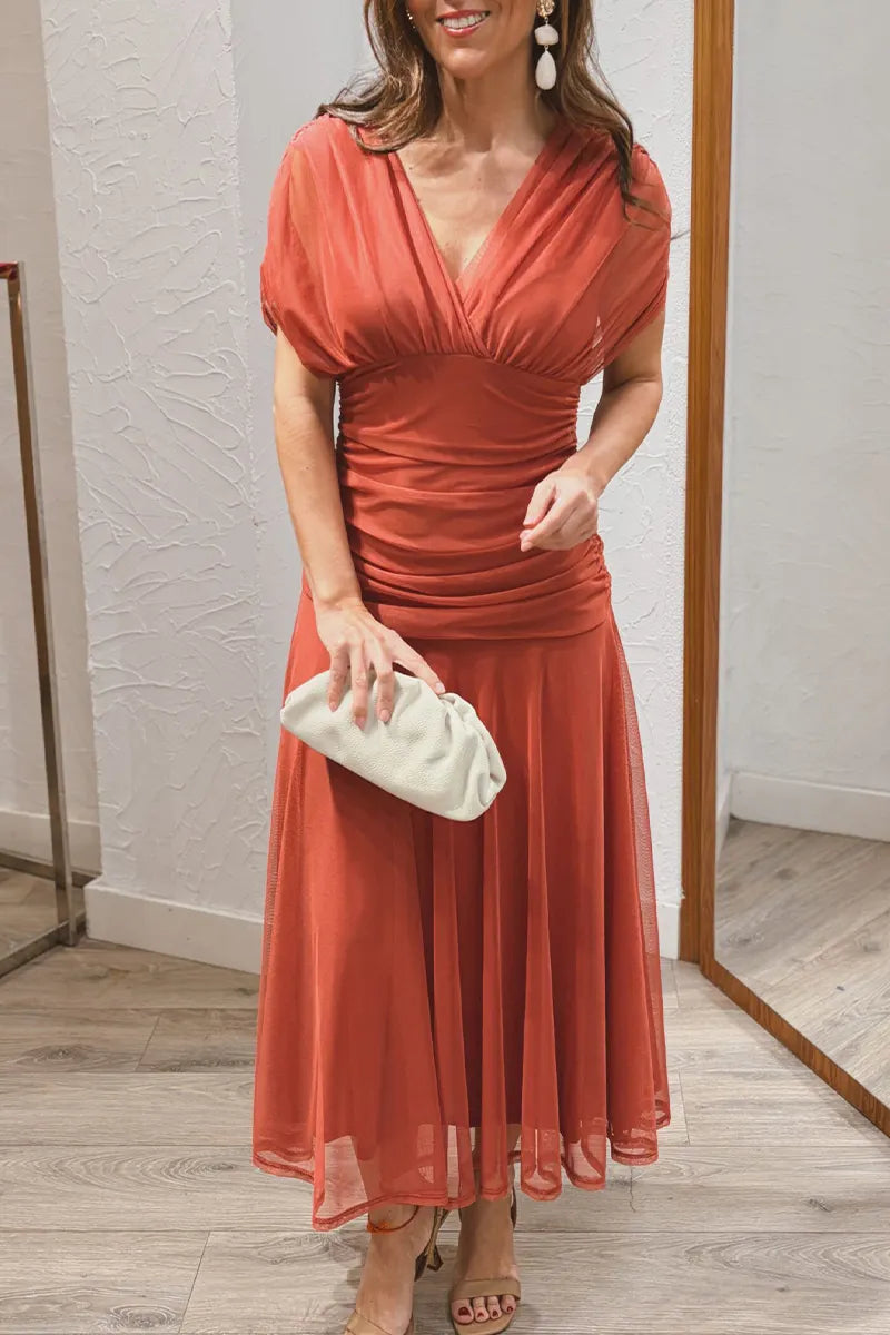 Women V-neck Waist Cinching Solid Color Elegant Casual Maxi Dresses