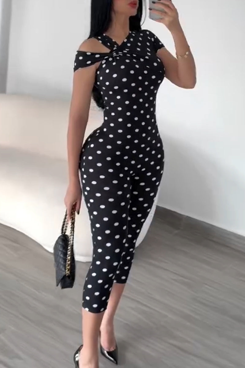 Women's Slim Fit Polka Dot Printed Casual Jumpsuit with Temperament