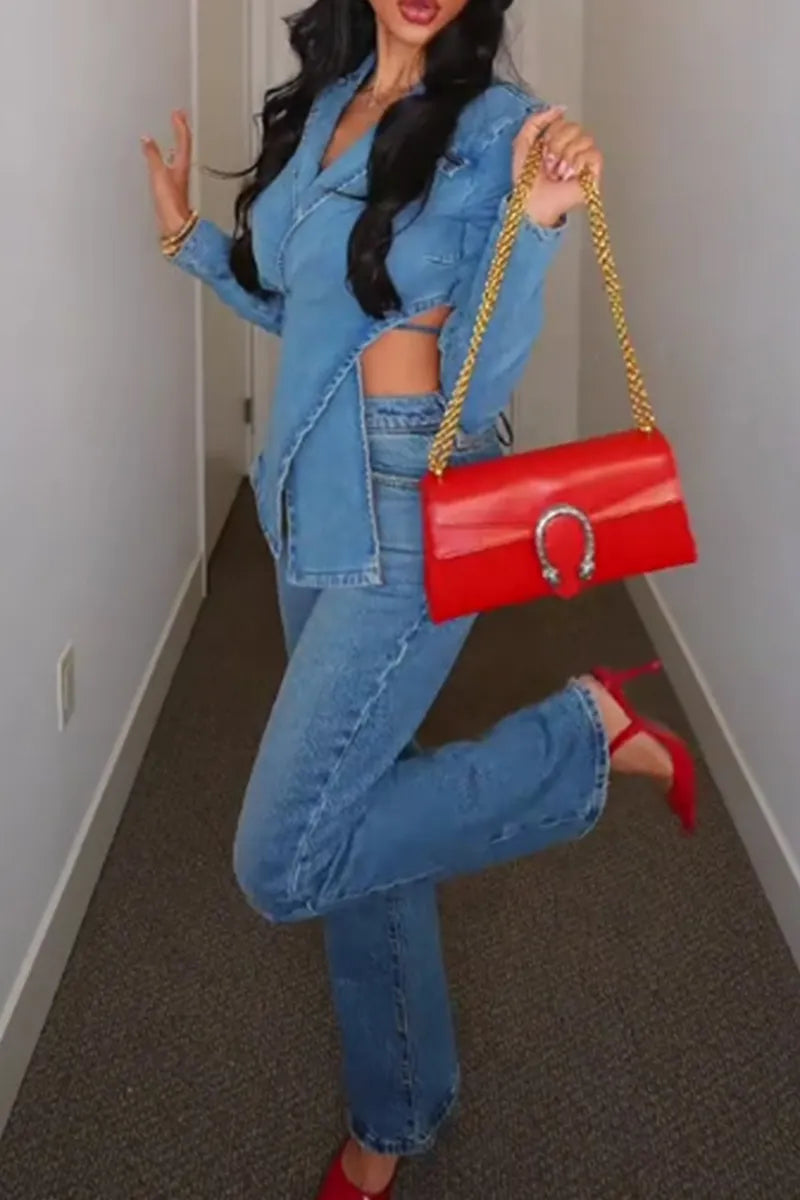 Women's Casual Beaded Short Denim Vest Top Or Beaded Wide Leg Jeans