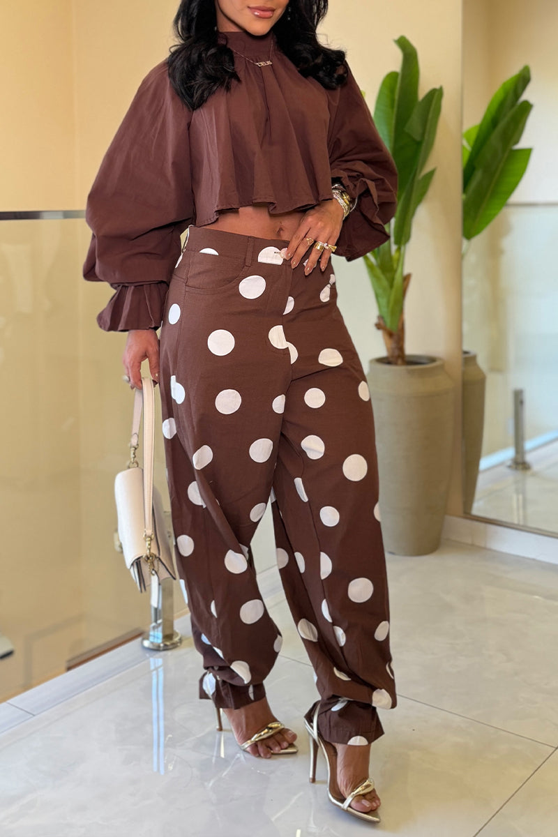 Women's Casual Puff Sleeve Top Elastic Cuff Polka Dot Pants Two-Piece Set