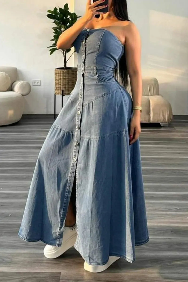 Women's Casual Off Shoulder Tube Top High Waist Ruffle Hem Denim Maxi Dress