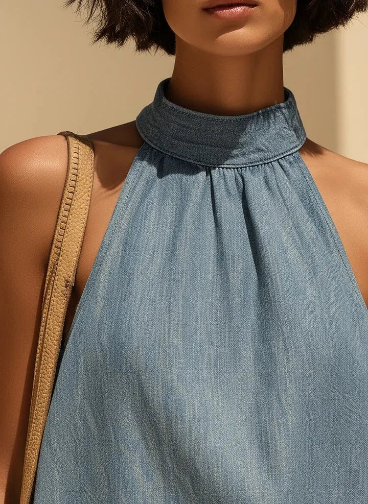 Light Blue Tencel Denim Halter Neck Cocoon Maxi Dress