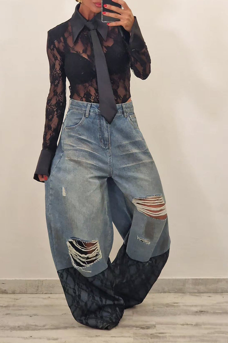 Women's Fashion Satin Patchwork Lace Bodysuit or Wide Leg Jeans