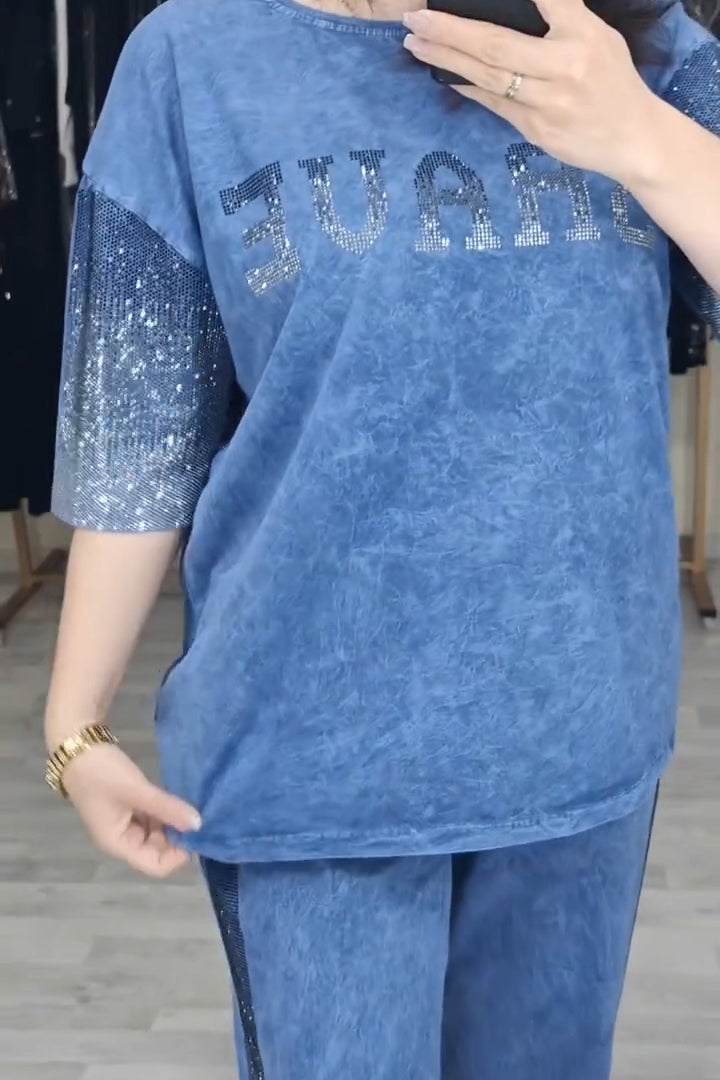 Women's Casual Letter Gradient Rhinestone Knit T-Shirt & Pants