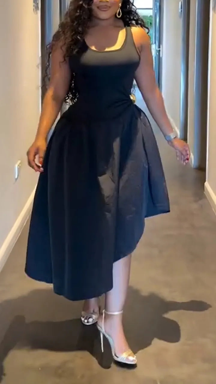Women U-neck Waist Cinching and Splicing Elegant and Casual Irregular Dress