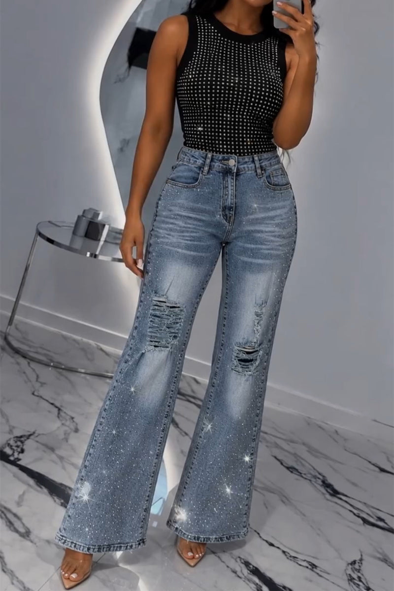 Women's Casual Rhinestone Vest or Washed Ripped Jeans