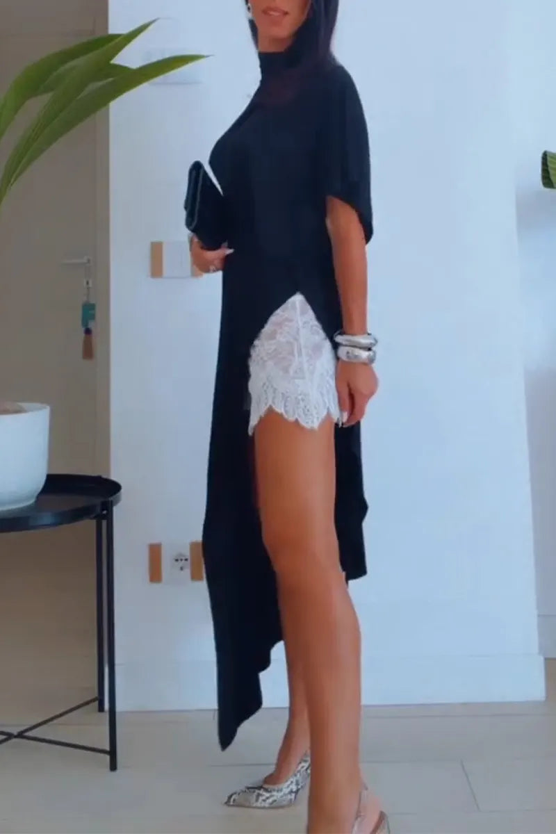 Women's Round Neck Solid Color Irregular Dress or Lace Patterned Shorts Underneath