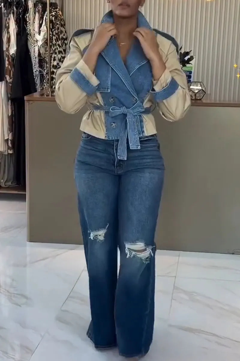 Women Casual Collar Patchwork Denim Jacket or Washed Ripped Jeans