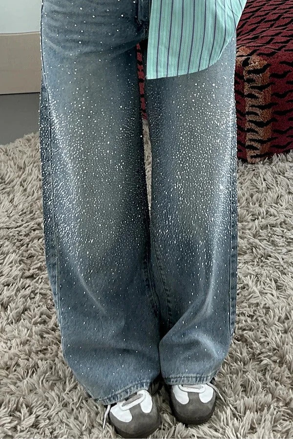 Women's Casual Rhinestone Embellished Wide Leg Jeans