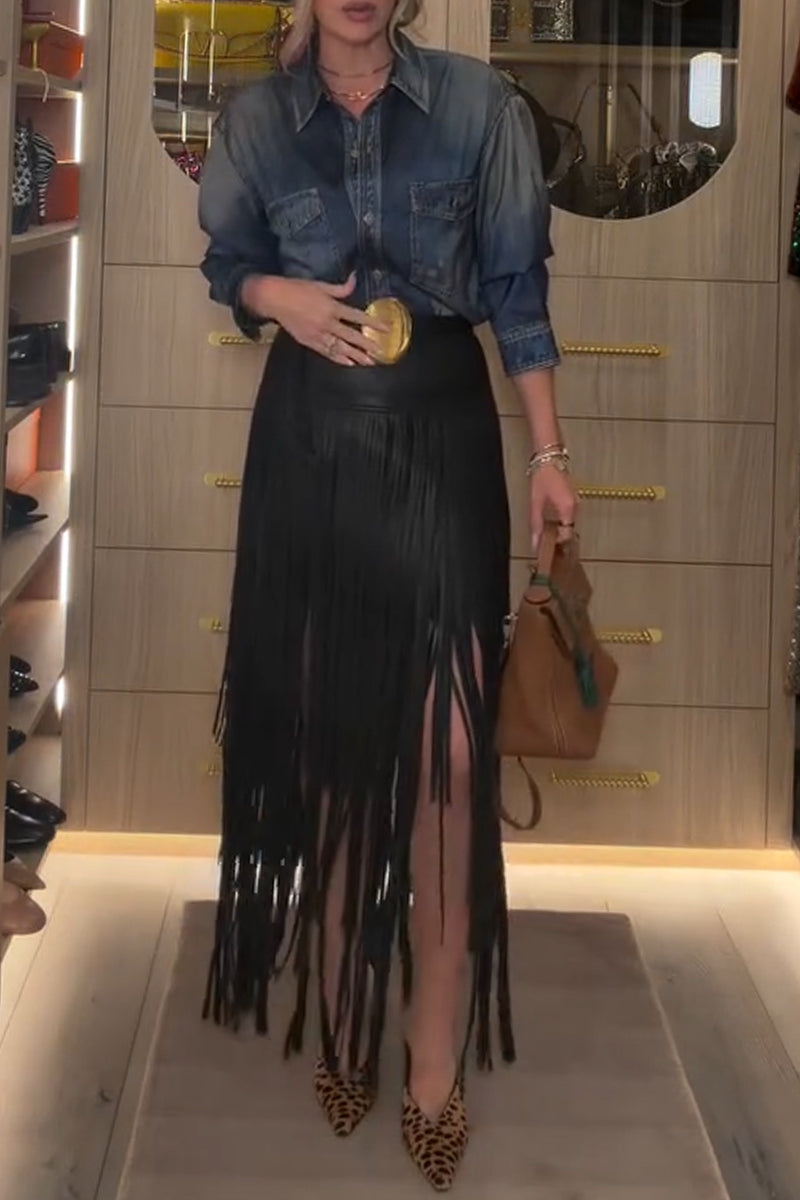 Women's Collar Washed Denim Shirt or Irregular Tassel Skirt