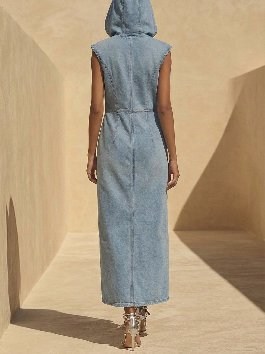 Women's Casual Sleeveless Loose-fit Hooded Denim Dress