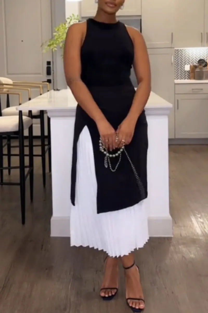 Women Round Neck Sleeveless Patchwork Pleated Elegant Temperament Midi Dresses