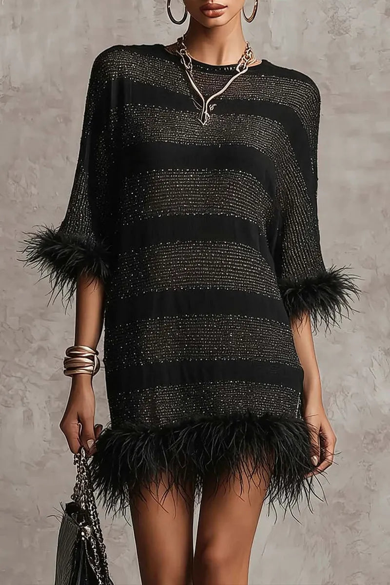 Women's Round Neck Rhinestone Splicing Wool Strip Elegant Casual Dress