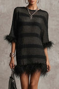 Women's Round Neck Rhinestone Splicing Wool Strip Elegant Casual Dress