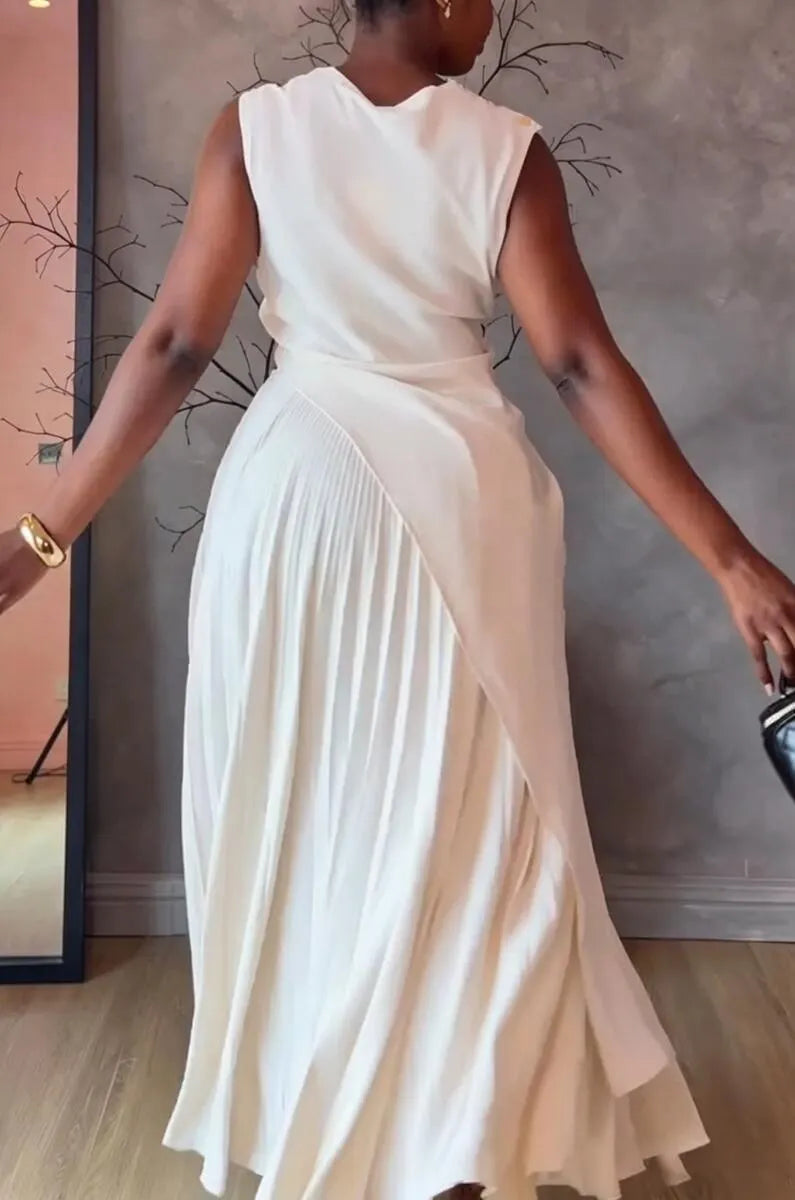 Women's Round Neck Irregular Long Top+ Pleated Skirt Elegant Casual Set