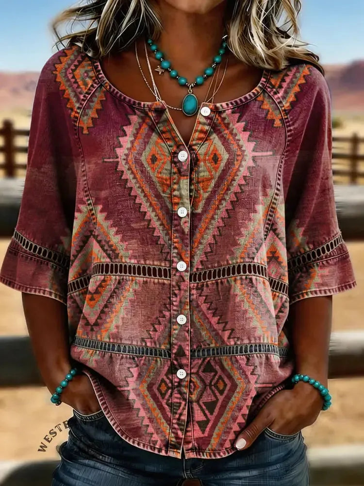 Women's Retro Aztec Casual Hollow-out Denim Shirt