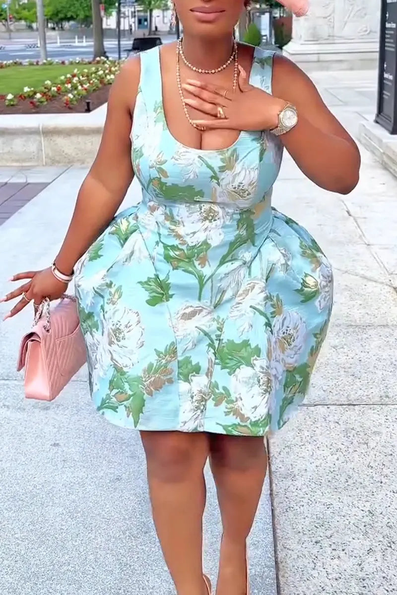 Women U-neck with Waistband Print Vacation Casual Style Mini Dresses